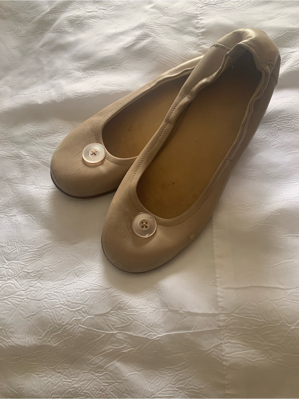 Beige Women's Leather Ballet Flats with Button Accent. Made in Italy.